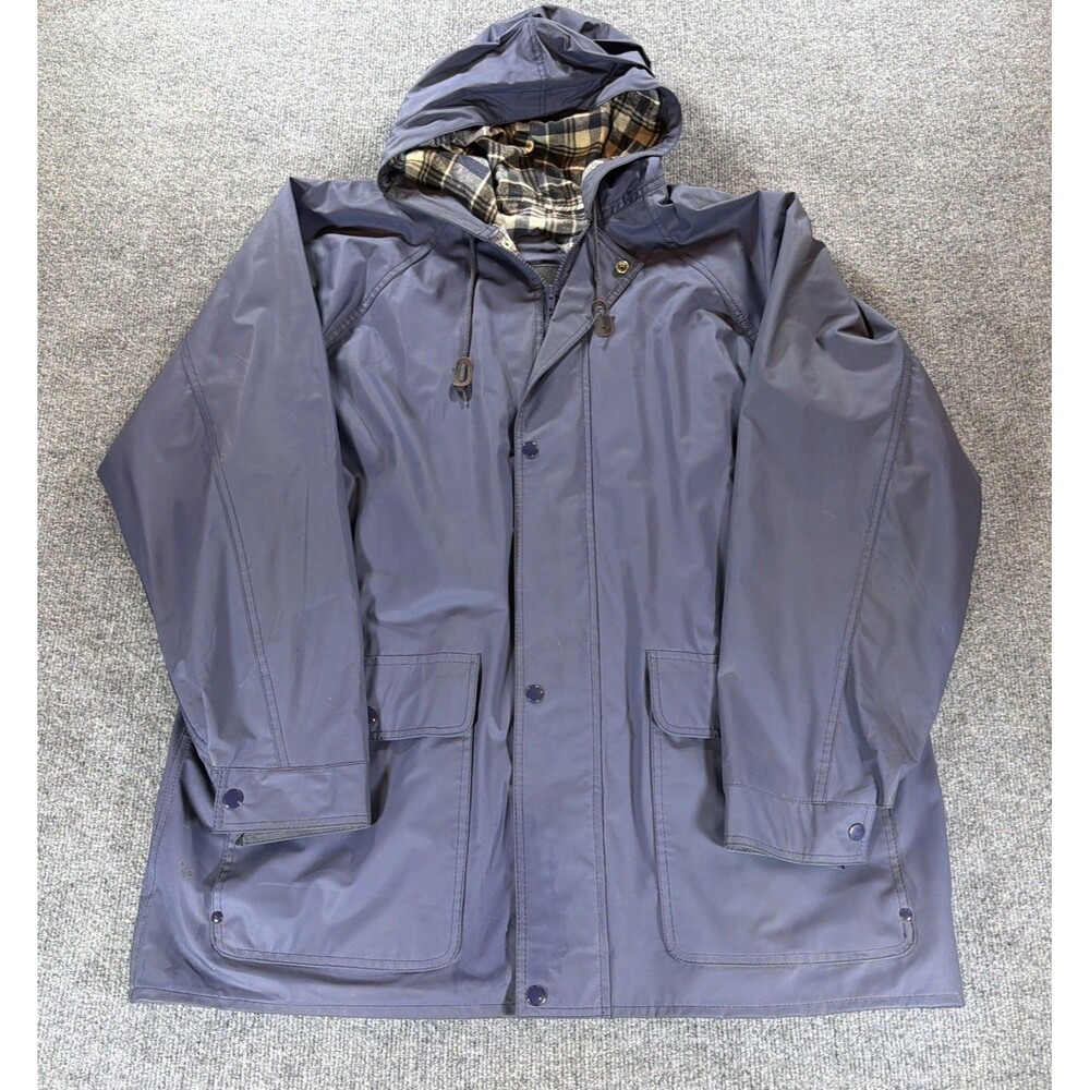 VTG Harbor Master Plaid Hooded Rain Jacket Mens XL Waterproof Outdoor Blue
